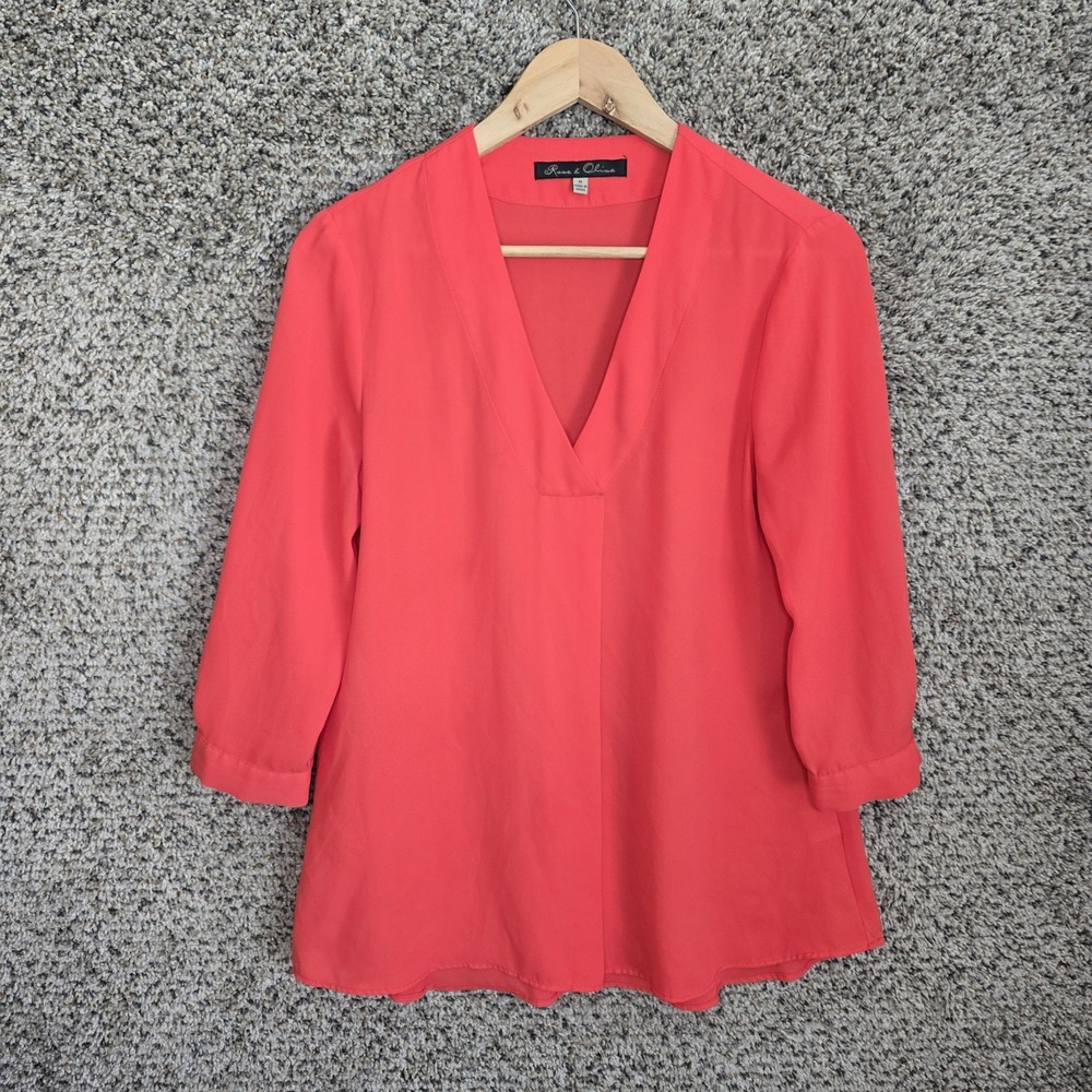 Rose & Olive Top Womens Medium Pink V Neck Semi Sheer Blouse 3/4 Sleeve Ladies